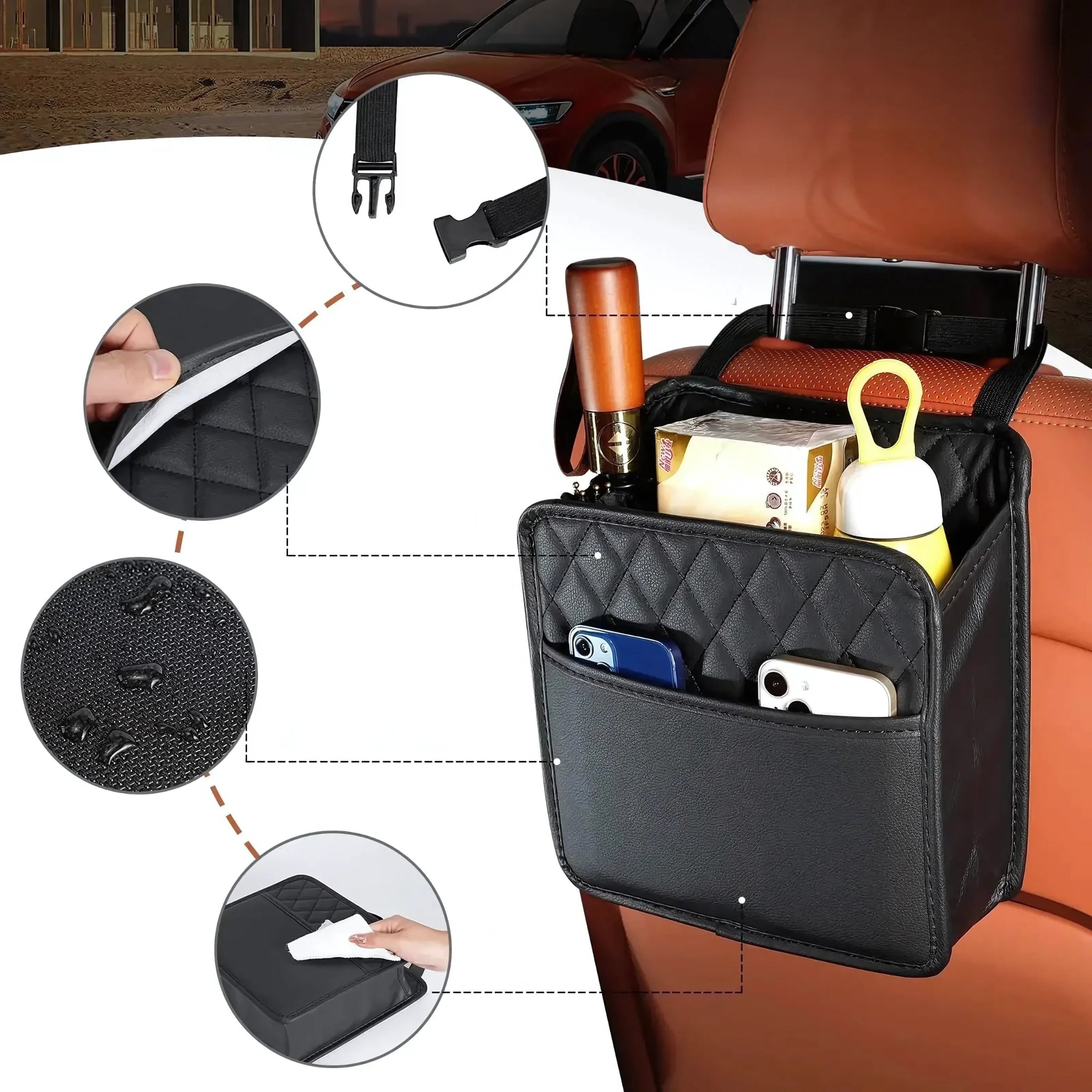 Sac de rangement voiture | Organisateur cuir PU avec poches et porte-gobelet | TIDYKID